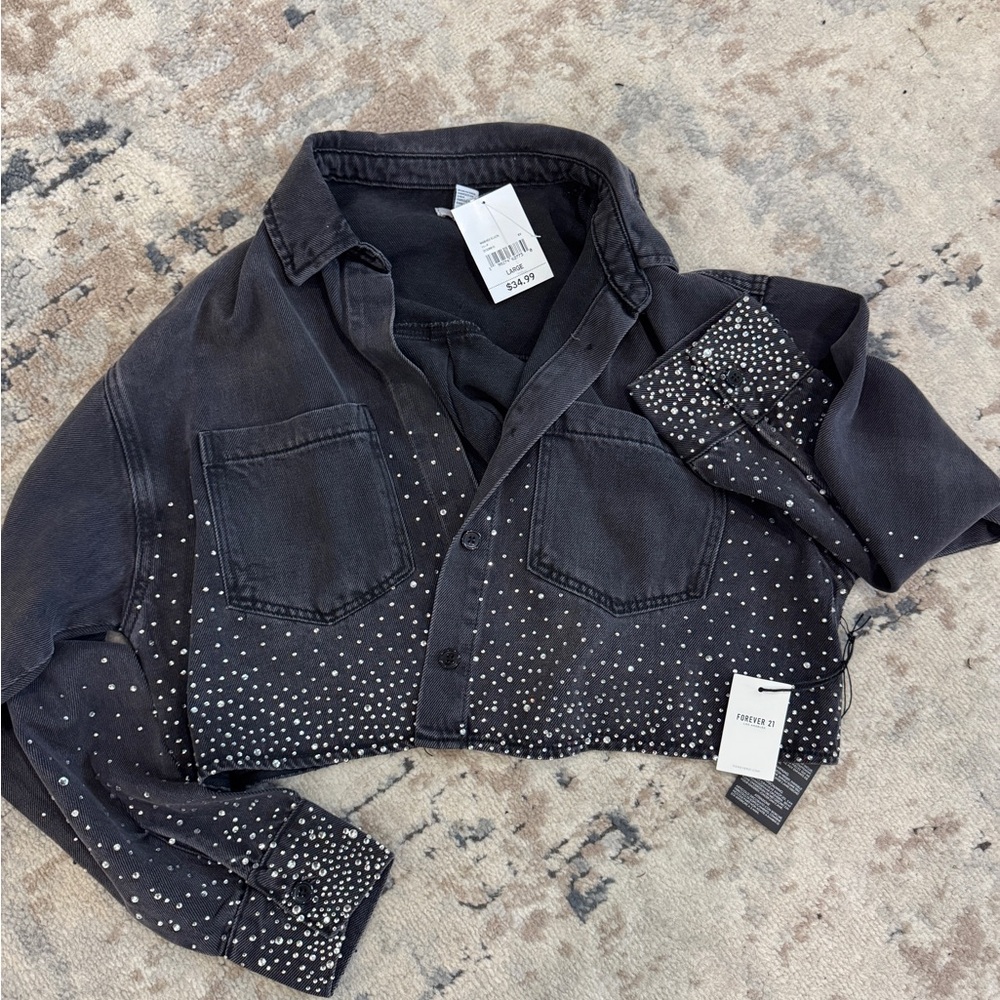 Forever 21 Charcoal Studded Cropped Jean Jacket
